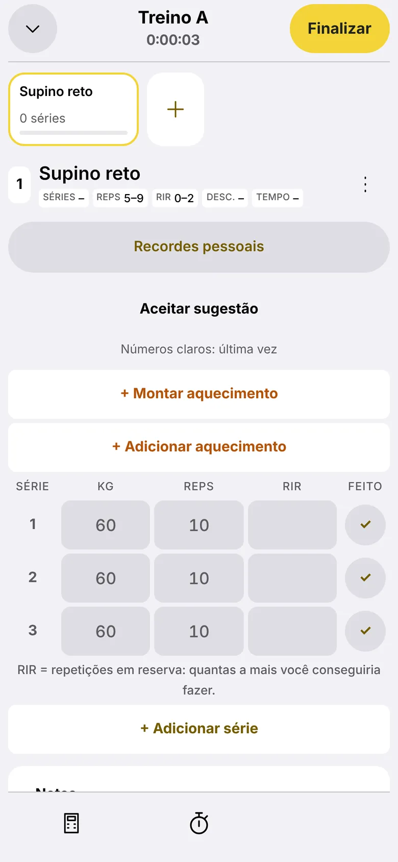 Kilo's workout screen, in Portuguese: Treino A with bench press sets of 60 kg for 10 reps